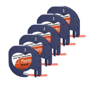 5 stk. Dymo 91203 / 91223 sort på rød plastiktape 12 mm  S0721630 - Kompatibel - INKpartner ApS