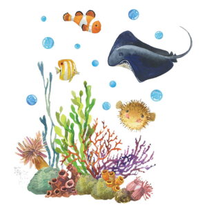 Selvlysende wallsticker med flotte fisk, en rokke, koraller mm - Blå -