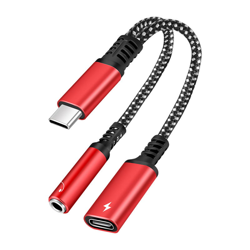 USB-C Audio Adapter med Opladning | 3,5 mm Jack & Hurtig PD. Rød USB-C til 3,5 mm Audio Adapter med Hurtig Opladning - Oplad & Lyt Samtidig - Rød -