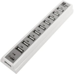 10-Ports USB 2.0 Hi-Speed Hub. Inkl strømforsyning. Hvid -