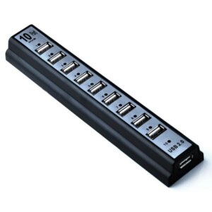 10-Ports USB 2.0 Hi-Speed Hub. Inkl strømforsyning. Sort -